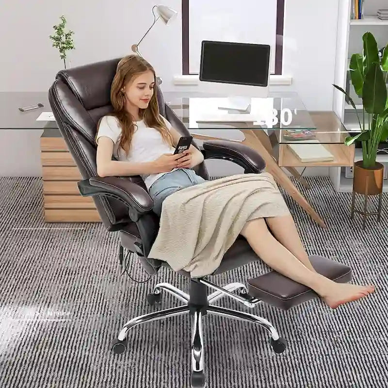 Fauteuil de bureau ergonomique chauffant de direction avec massage 2/4/6 points, repose-pieds rétractable et cuir PU