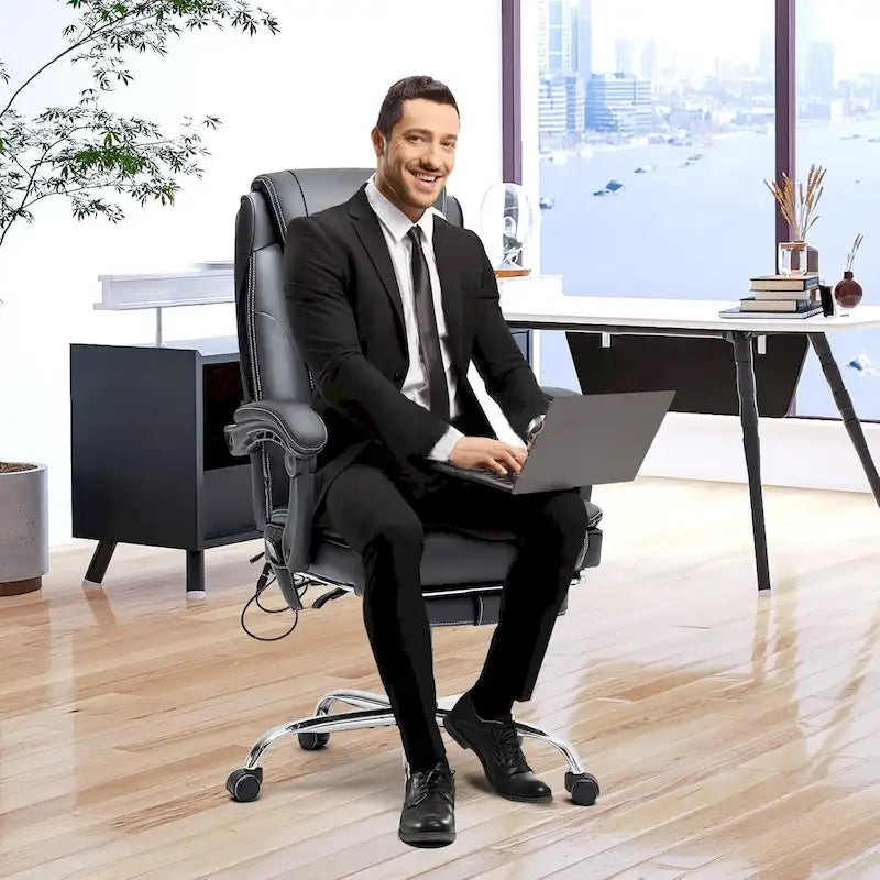 Fauteuil de bureau ergonomique chauffant de direction avec massage 2/4/6 points, repose-pieds rétractable et cuir PU
