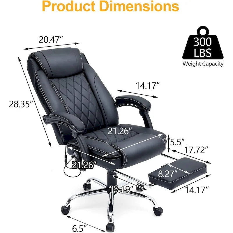 Fauteuil de bureau ergonomique chauffant de direction avec massage 2/4/6 points, repose-pieds rétractable et cuir PU