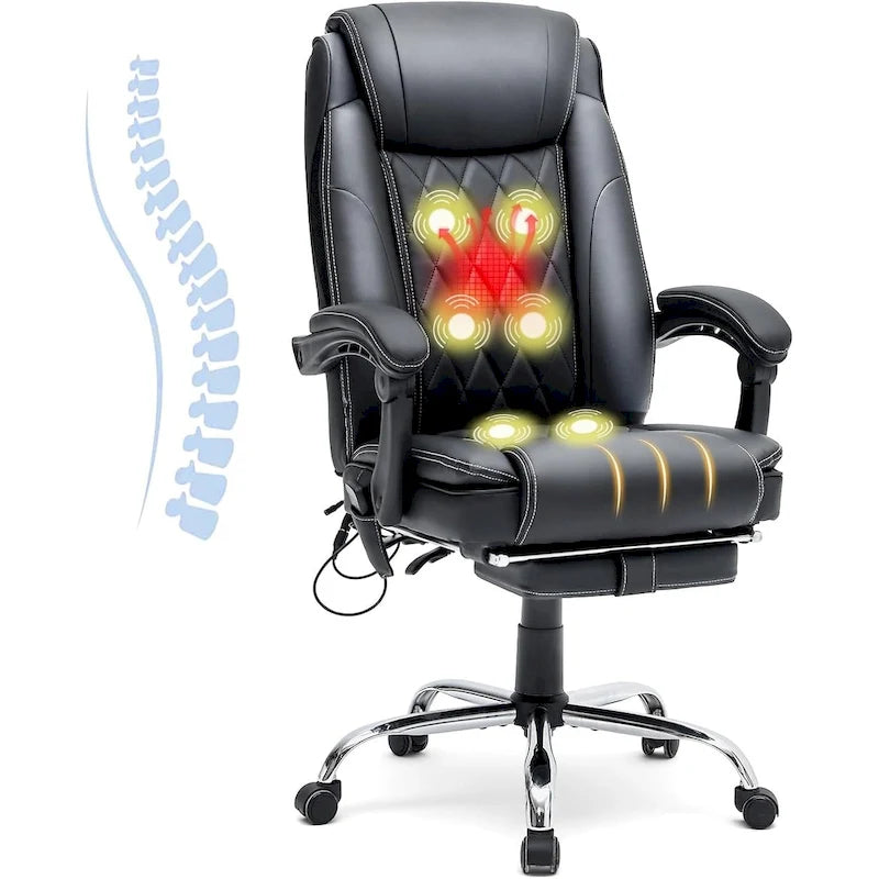 Fauteuil de bureau ergonomique chauffant de direction avec massage 2/4/6 points, repose-pieds rétractable et cuir PU