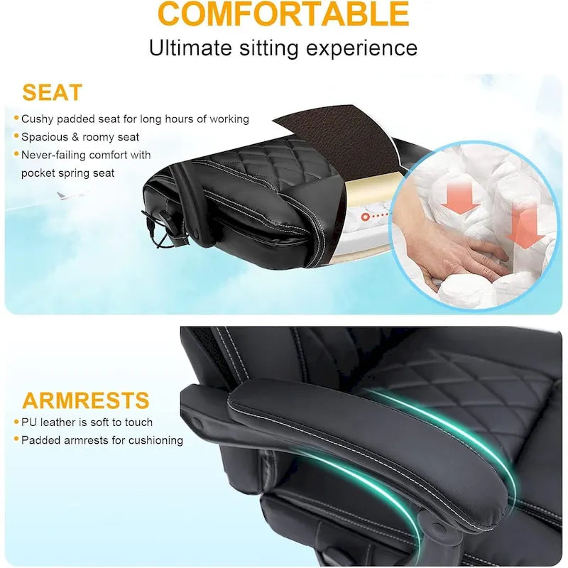 Fauteuil de bureau ergonomique chauffant de direction avec massage 2/4/6 points, repose-pieds rétractable et cuir PU