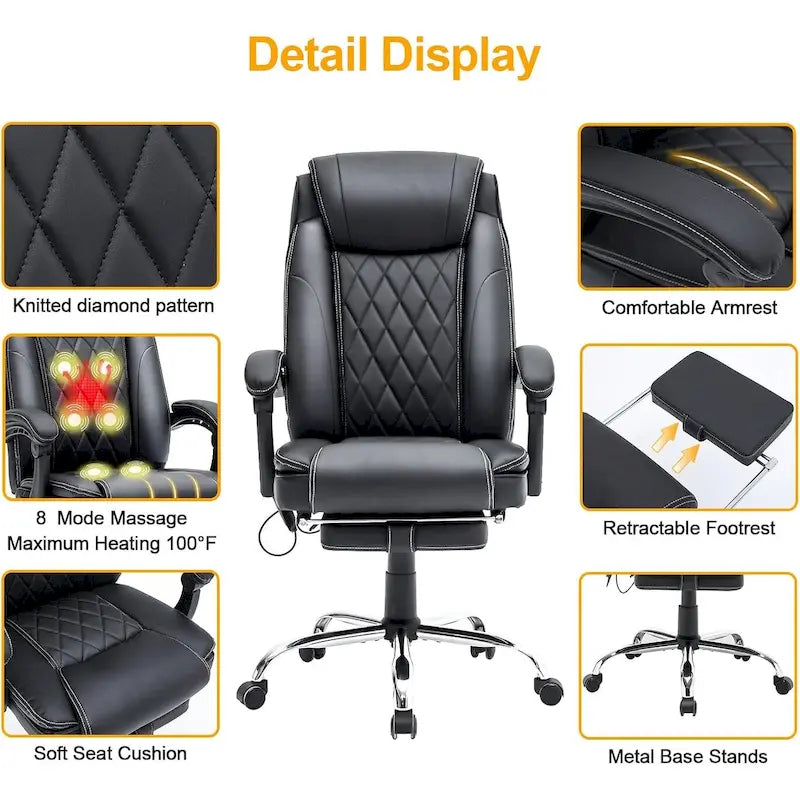 Fauteuil de bureau ergonomique chauffant de direction avec massage 2/4/6 points, repose-pieds rétractable et cuir PU