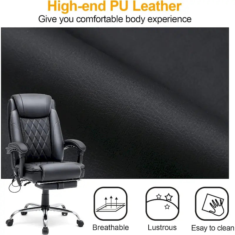 Fauteuil de bureau ergonomique chauffant de direction avec massage 2/4/6 points, repose-pieds rétractable et cuir PU