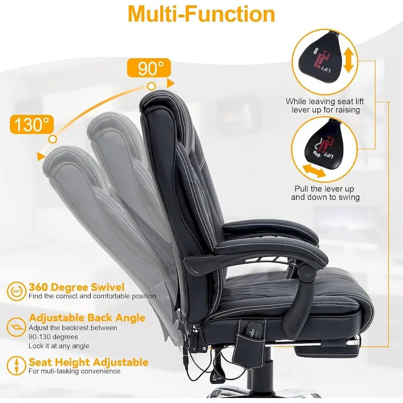 Fauteuil de bureau ergonomique chauffant de direction avec massage 2/4/6 points, repose-pieds rétractable et cuir PU