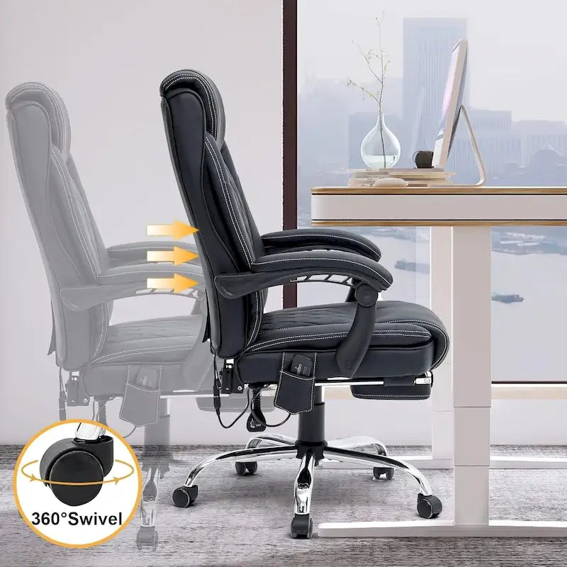 Fauteuil de bureau ergonomique chauffant de direction avec massage 2/4/6 points, repose-pieds rétractable et cuir PU