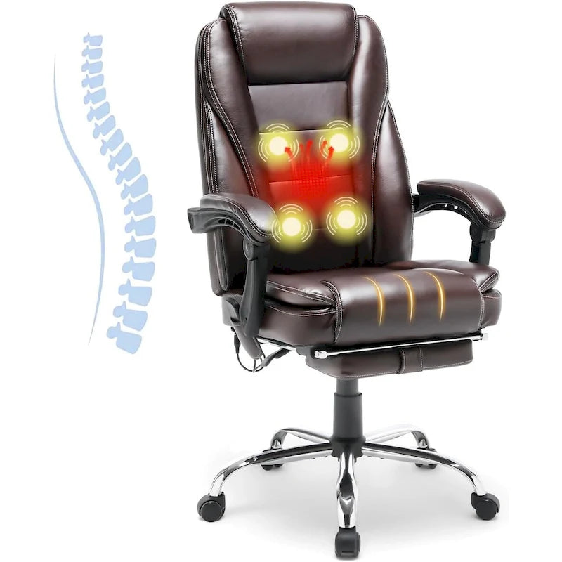Fauteuil de bureau ergonomique chauffant de direction avec massage 2/4/6 points, repose-pieds rétractable et cuir PU
