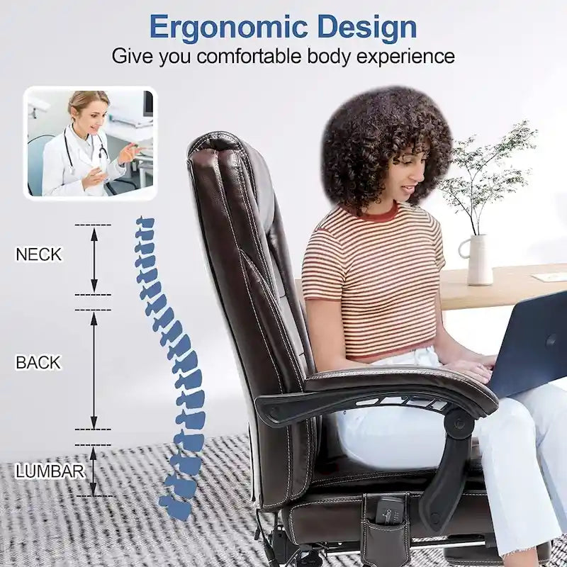 Fauteuil de bureau ergonomique chauffant de direction avec massage 2/4/6 points, repose-pieds rétractable et cuir PU
