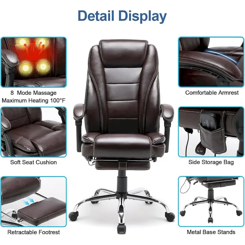 Fauteuil de bureau ergonomique chauffant de direction avec massage 2/4/6 points, repose-pieds rétractable et cuir PU