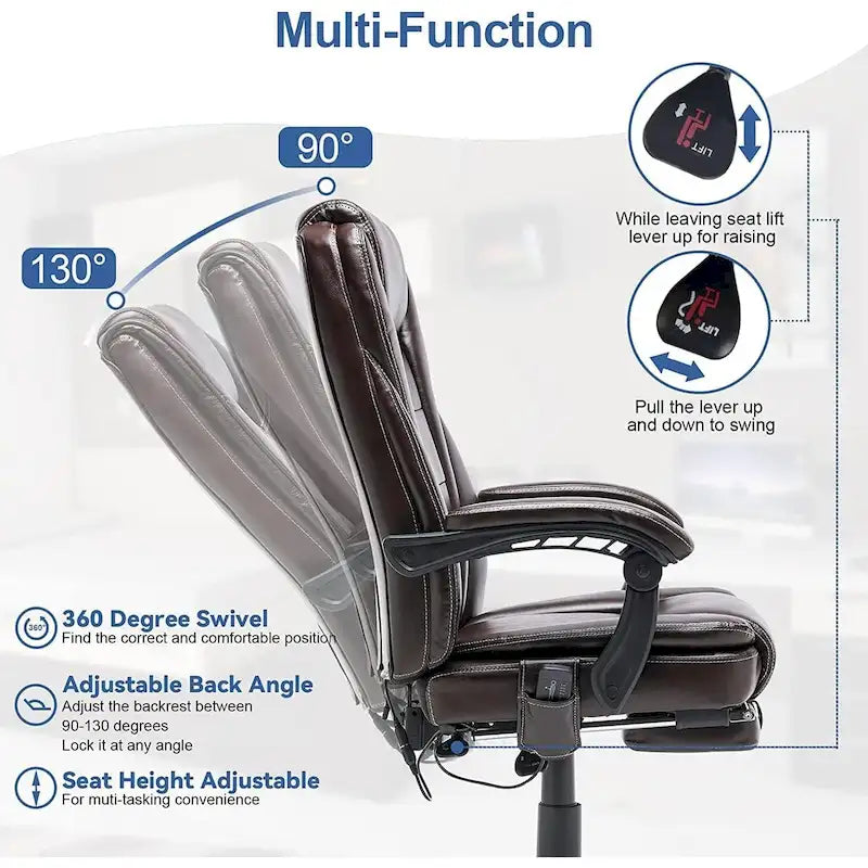 Fauteuil de bureau ergonomique chauffant de direction avec massage 2/4/6 points, repose-pieds rétractable et cuir PU