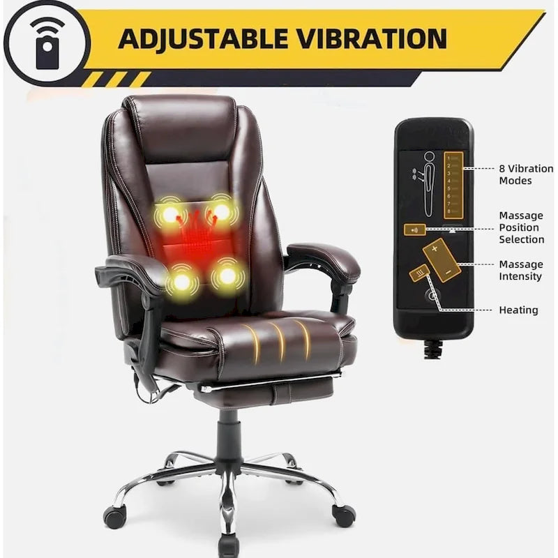 Fauteuil de bureau ergonomique chauffant de direction avec massage 2/4/6 points, repose-pieds rétractable et cuir PU