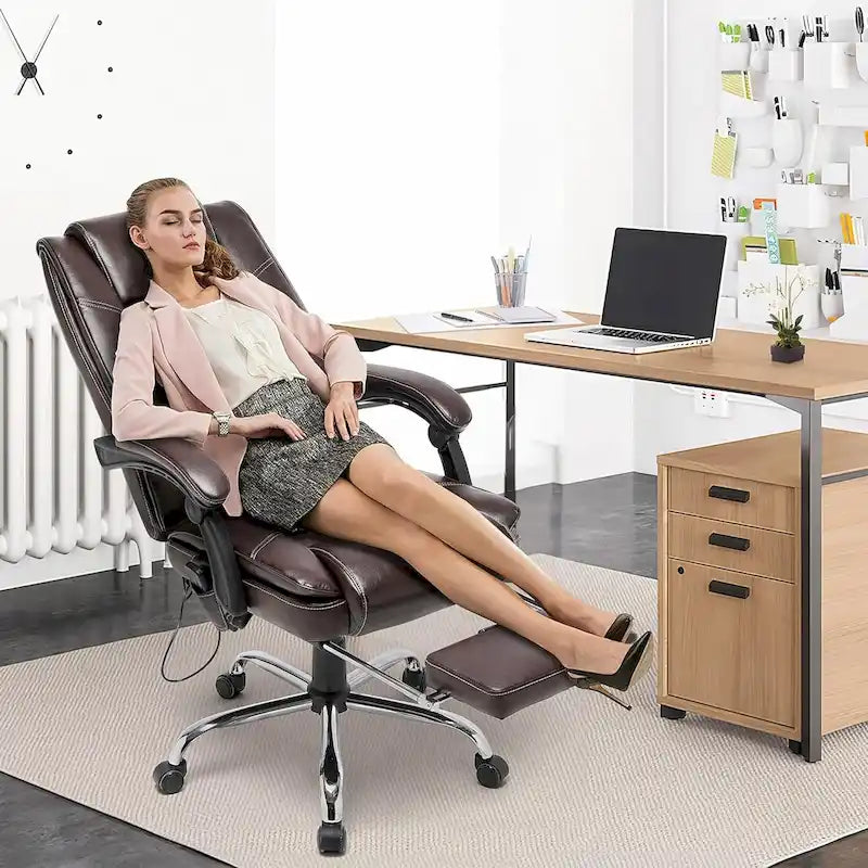 Fauteuil de bureau ergonomique chauffant de direction avec massage 2/4/6 points, repose-pieds rétractable et cuir PU