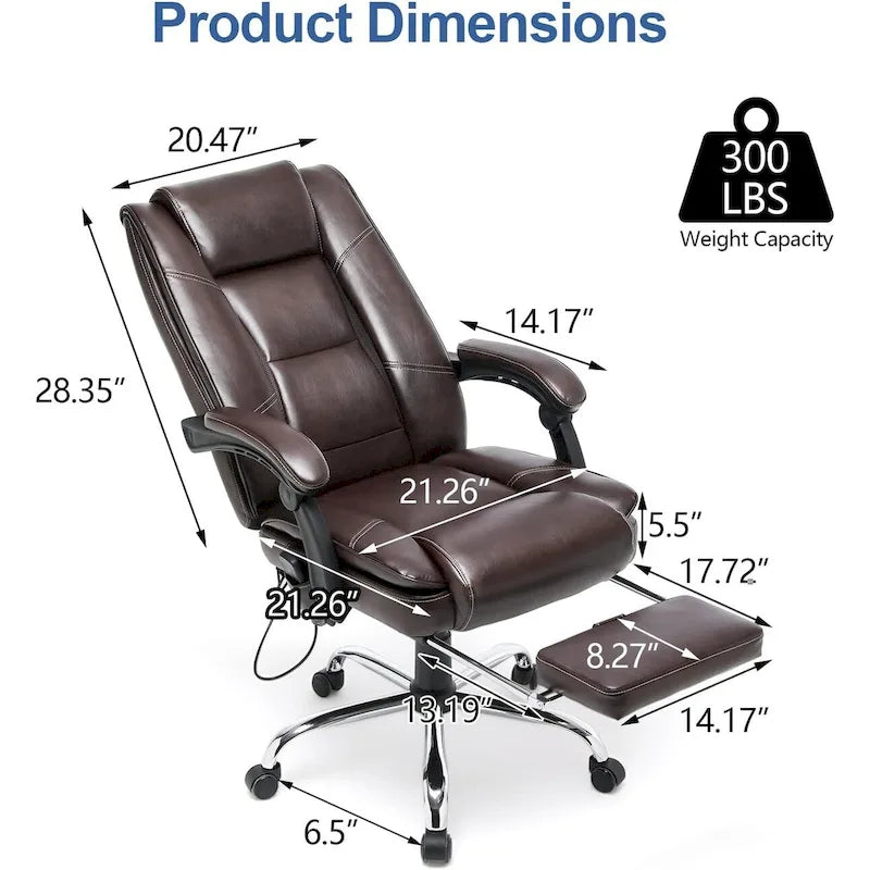 Fauteuil de bureau ergonomique chauffant de direction avec massage 2/4/6 points, repose-pieds rétractable et cuir PU