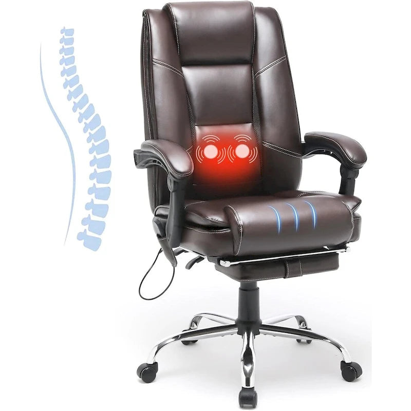 Fauteuil de bureau ergonomique chauffant de direction avec massage 2/4/6 points, repose-pieds rétractable et cuir PU