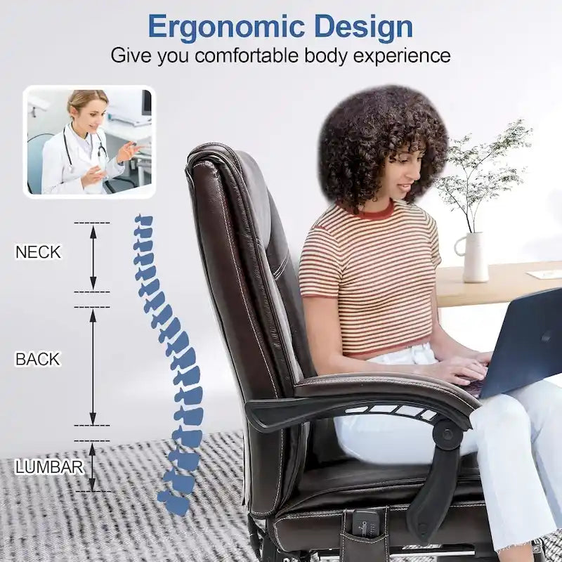 Fauteuil de bureau ergonomique chauffant de direction avec massage 2/4/6 points, repose-pieds rétractable et cuir PU