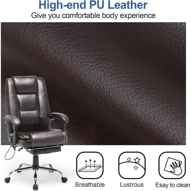 Fauteuil de bureau ergonomique chauffant de direction avec massage 2/4/6 points, repose-pieds rétractable et cuir PU