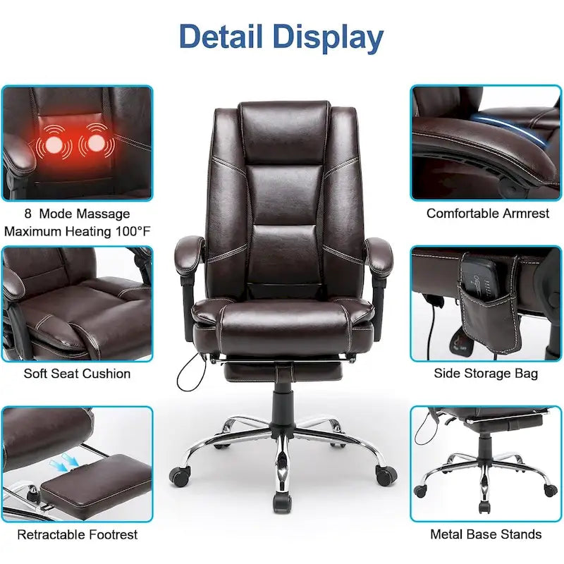 Fauteuil de bureau ergonomique chauffant de direction avec massage 2/4/6 points, repose-pieds rétractable et cuir PU