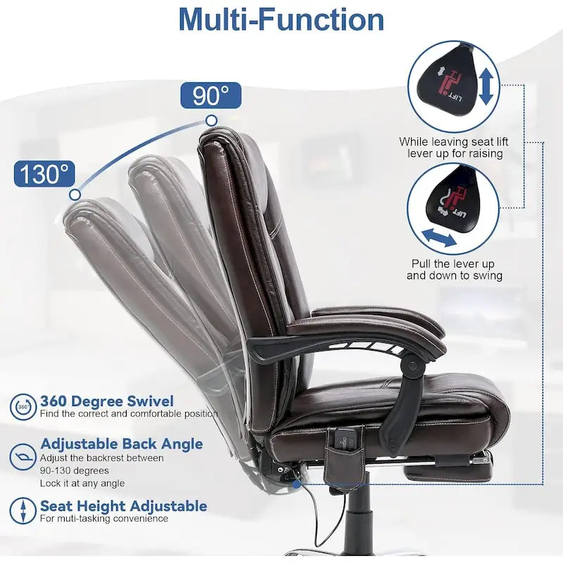 Fauteuil de bureau ergonomique chauffant de direction avec massage 2/4/6 points, repose-pieds rétractable et cuir PU