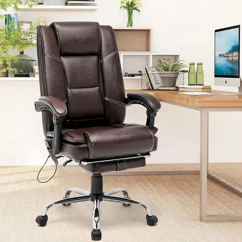 Fauteuil de bureau ergonomique chauffant de direction avec massage 2/4/6 points, repose-pieds rétractable et cuir PU