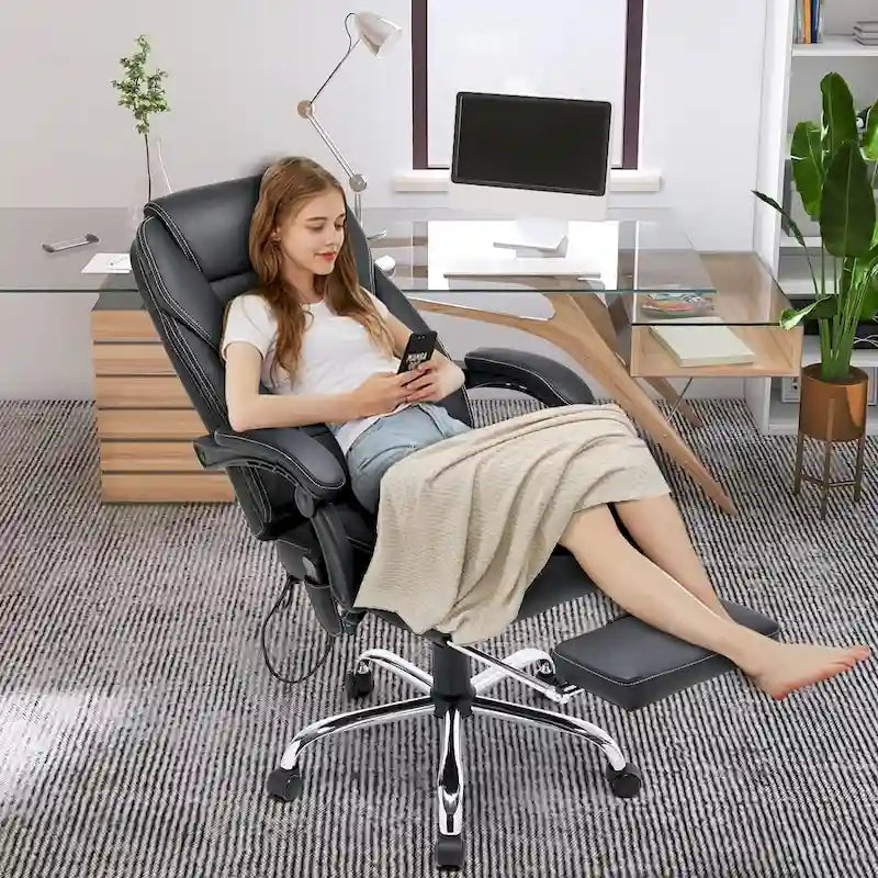 Fauteuil de bureau ergonomique chauffant de direction avec massage 2/4/6 points, repose-pieds rétractable et cuir PU