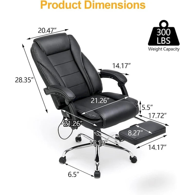 Fauteuil de bureau ergonomique chauffant de direction avec massage 2/4/6 points, repose-pieds rétractable et cuir PU