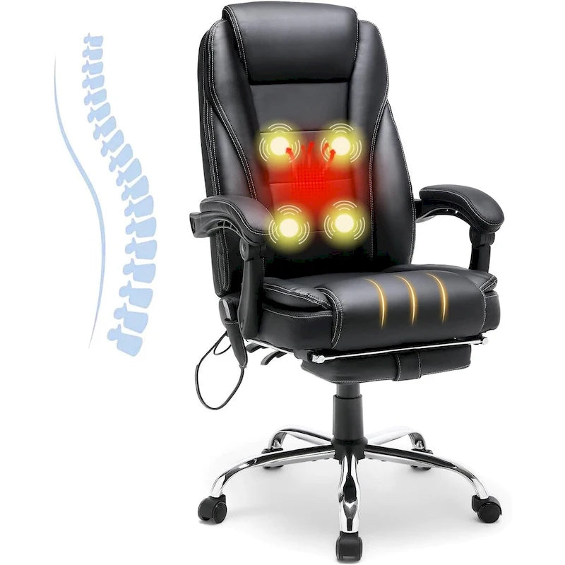 Fauteuil de bureau ergonomique chauffant de direction avec massage 2/4/6 points, repose-pieds rétractable et cuir PU