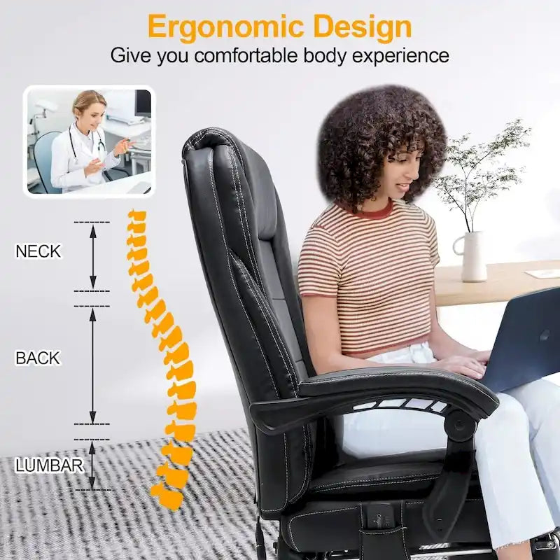 Fauteuil de bureau ergonomique chauffant de direction avec massage 2/4/6 points, repose-pieds rétractable et cuir PU