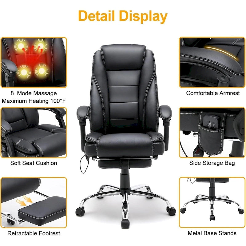 Fauteuil de bureau ergonomique chauffant de direction avec massage 2/4/6 points, repose-pieds rétractable et cuir PU