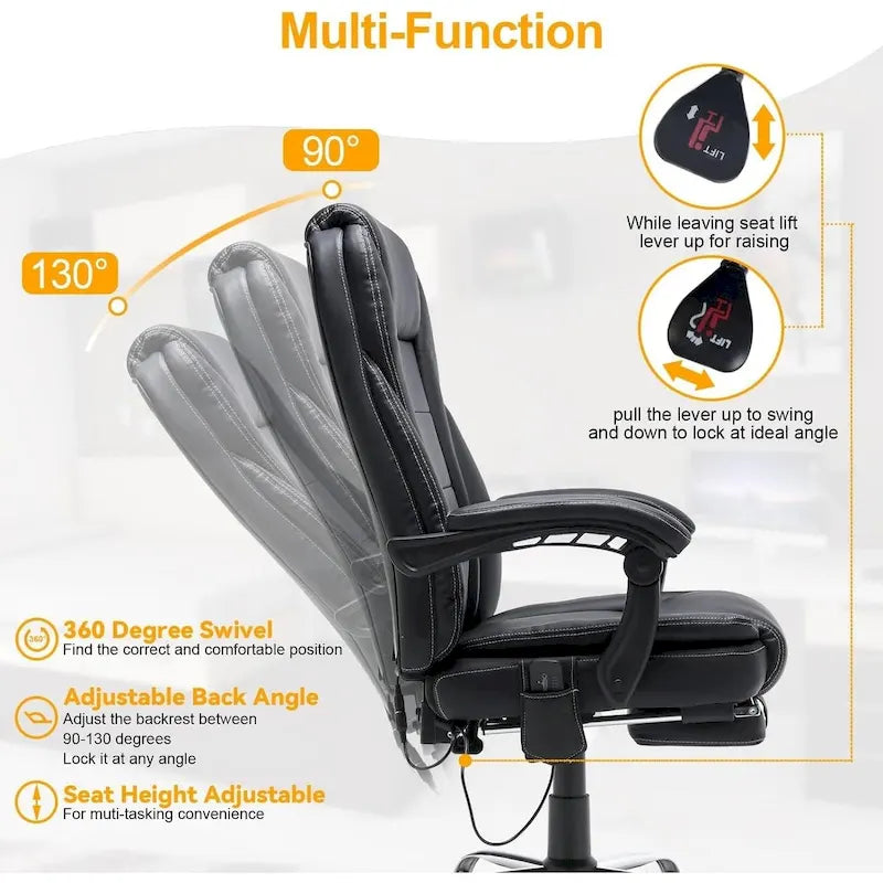 Fauteuil de bureau ergonomique chauffant de direction avec massage 2/4/6 points, repose-pieds rétractable et cuir PU