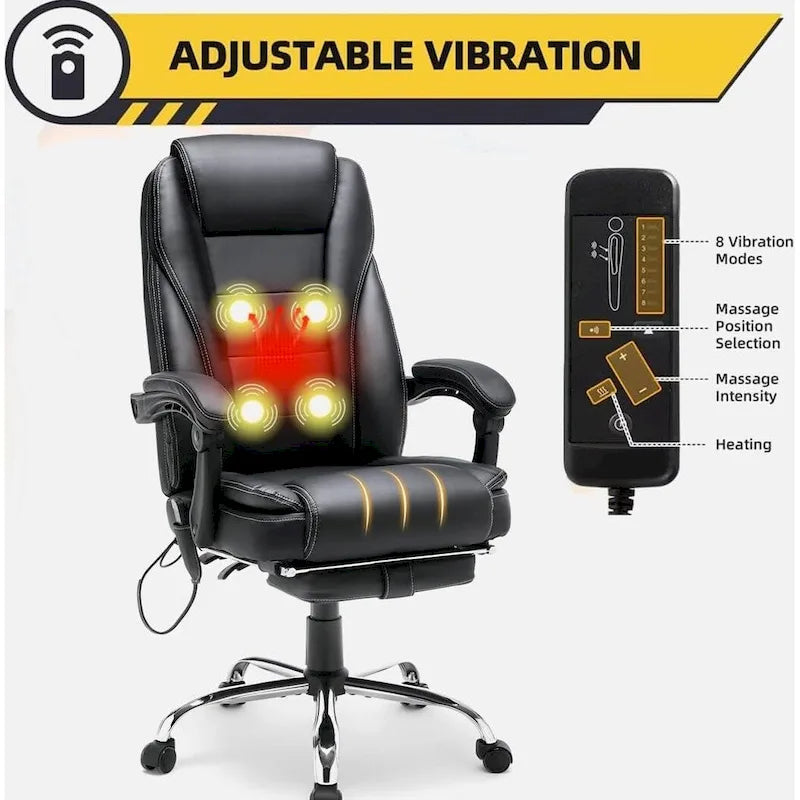 Fauteuil de bureau ergonomique chauffant de direction avec massage 2/4/6 points, repose-pieds rétractable et cuir PU