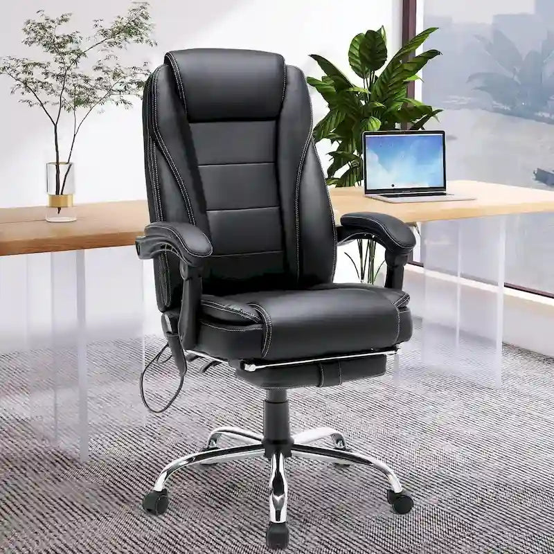Fauteuil de bureau ergonomique chauffant de direction avec massage 2/4/6 points, repose-pieds rétractable et cuir PU