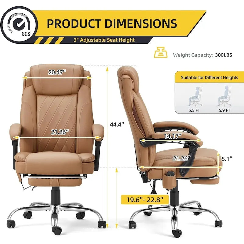Fauteuil de bureau ergonomique chauffant de direction avec massage 2/4/6 points, repose-pieds rétractable et cuir PU