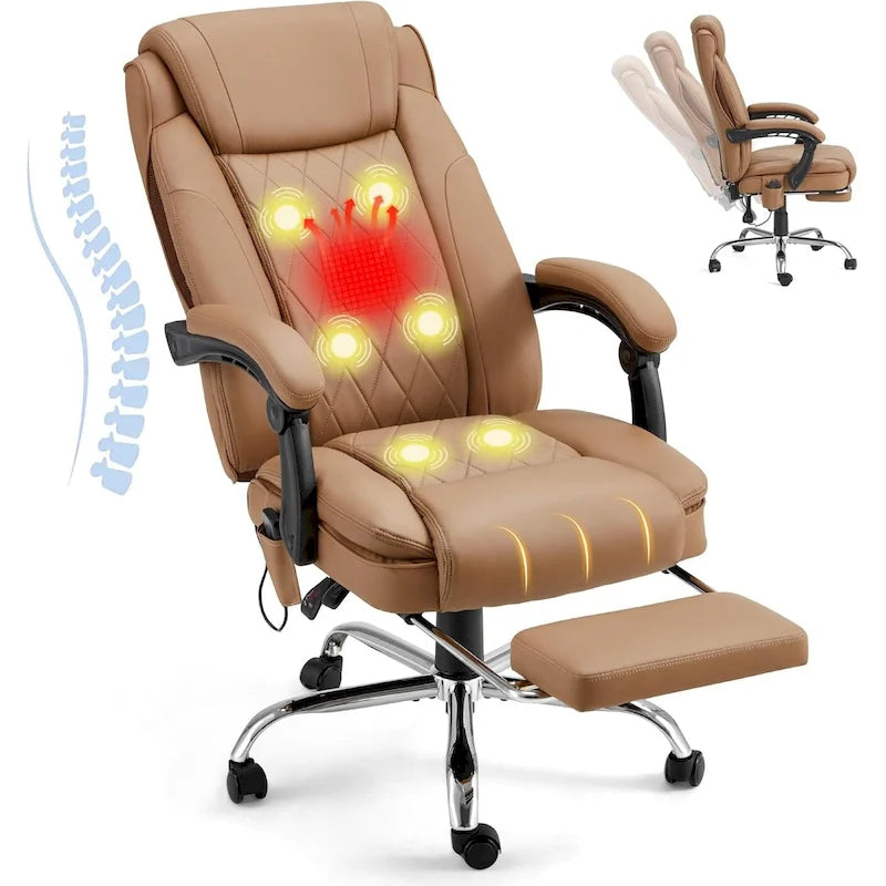 Fauteuil de bureau ergonomique chauffant de direction avec massage 2/4/6 points, repose-pieds rétractable et cuir PU