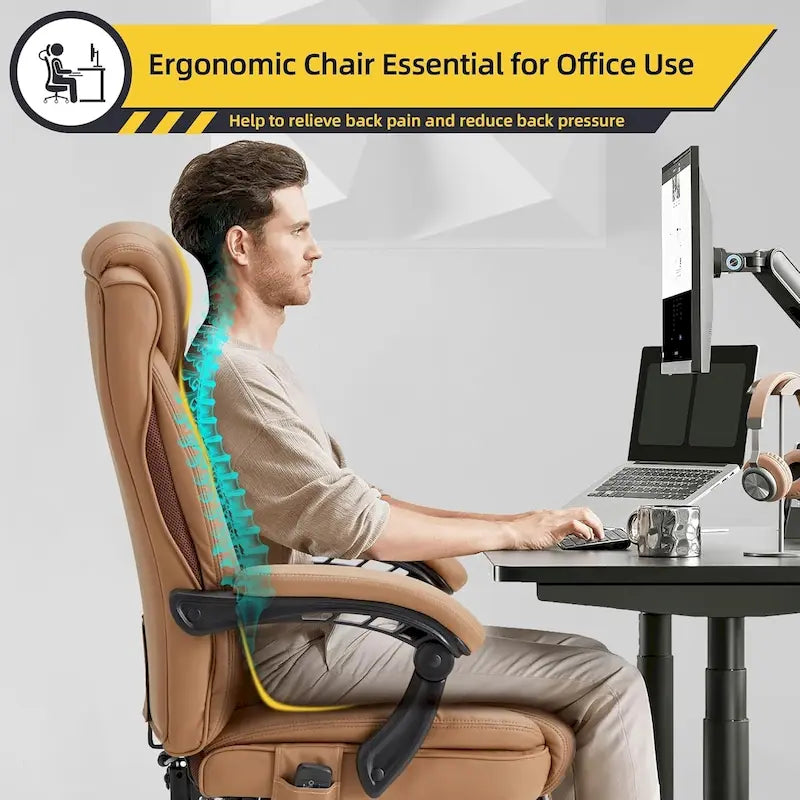 Fauteuil de bureau ergonomique chauffant de direction avec massage 2/4/6 points, repose-pieds rétractable et cuir PU