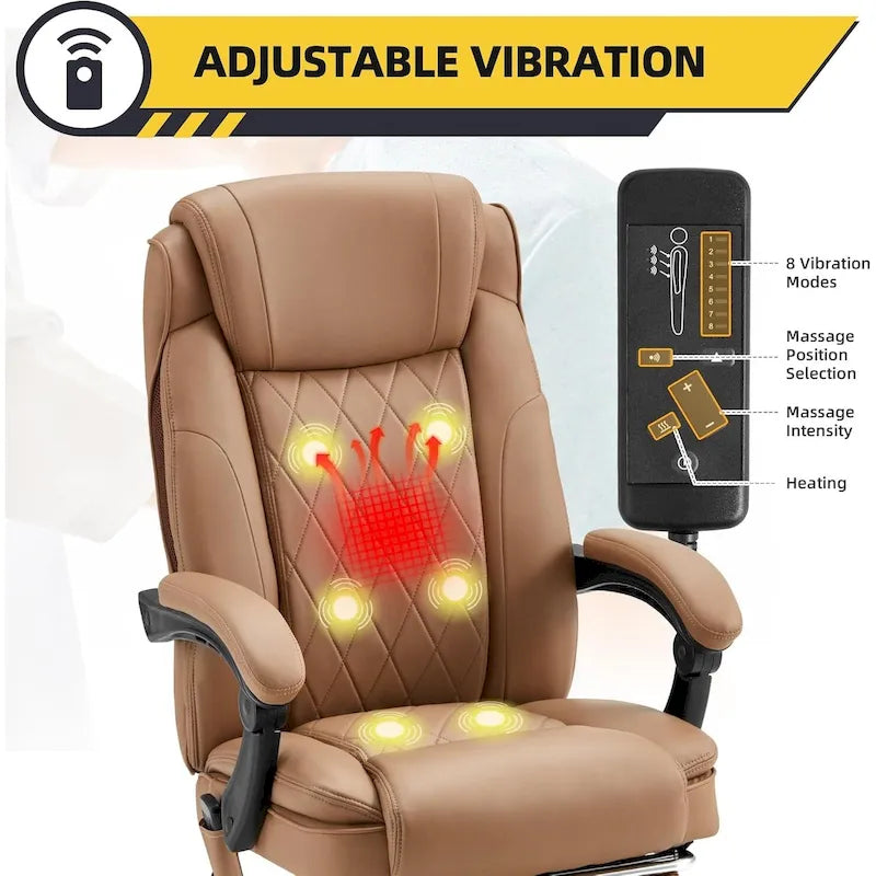 Fauteuil de bureau ergonomique chauffant de direction avec massage 2/4/6 points, repose-pieds rétractable et cuir PU