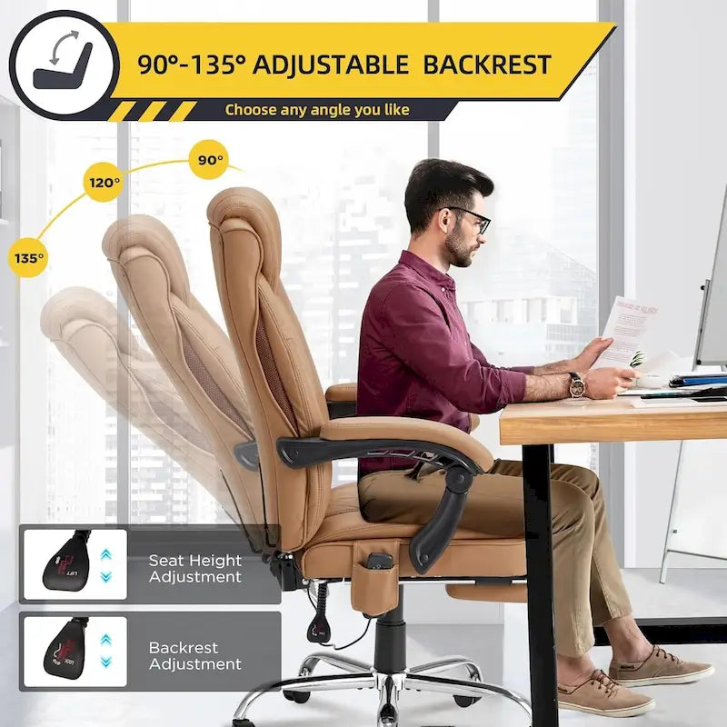 Fauteuil de bureau ergonomique chauffant de direction avec massage 2/4/6 points, repose-pieds rétractable et cuir PU