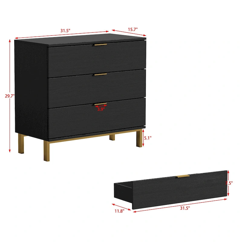Table de chevet en bois de 31,5 W x 29,7 H avec 3 tiroirs, table d'appoint, commode noire