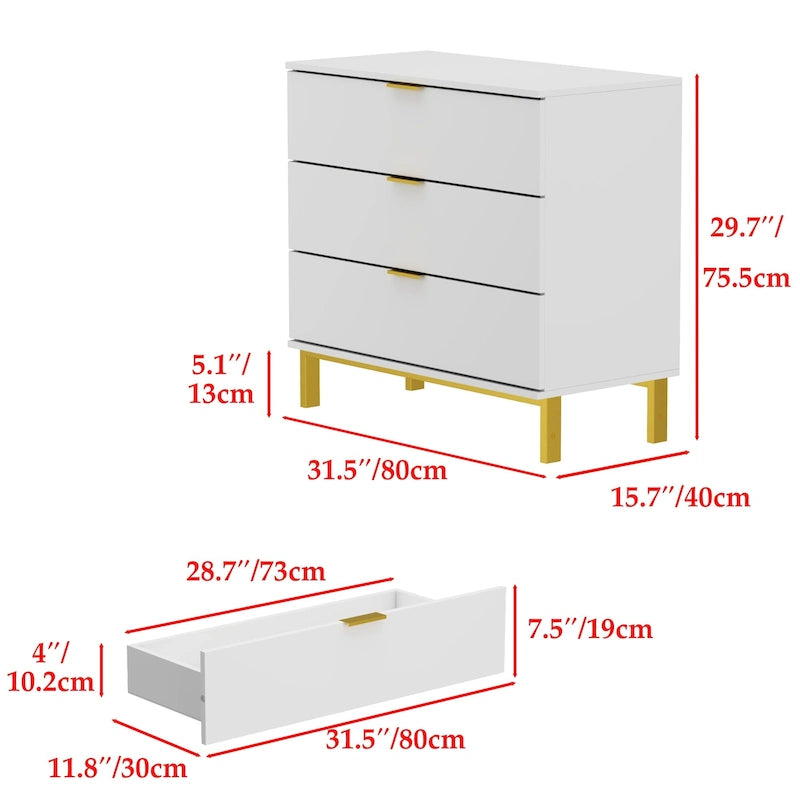 Table de chevet en bois de 31,5 W x 29,7 H avec 3 tiroirs, table d'appoint, commode noire