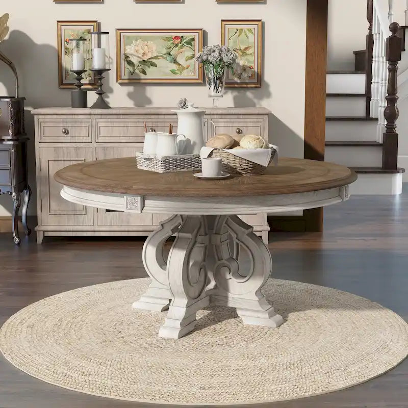 Table à manger ronde en bois 60 pouces blanc antique style ferme