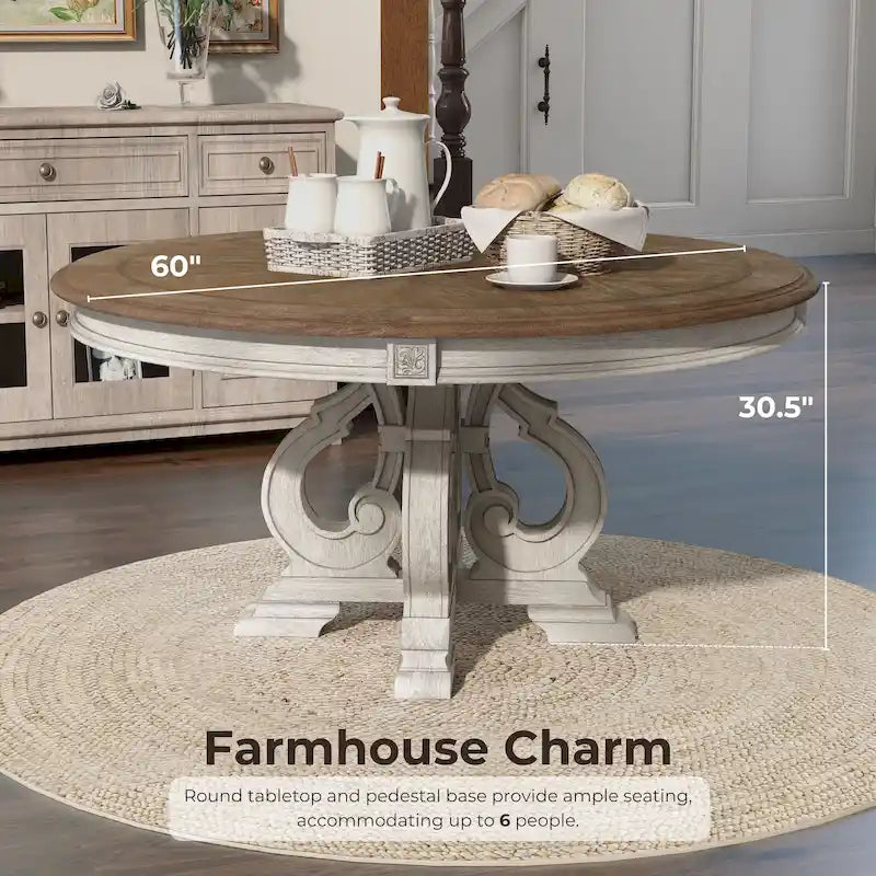 Table à manger ronde en bois 60 pouces blanc antique style ferme