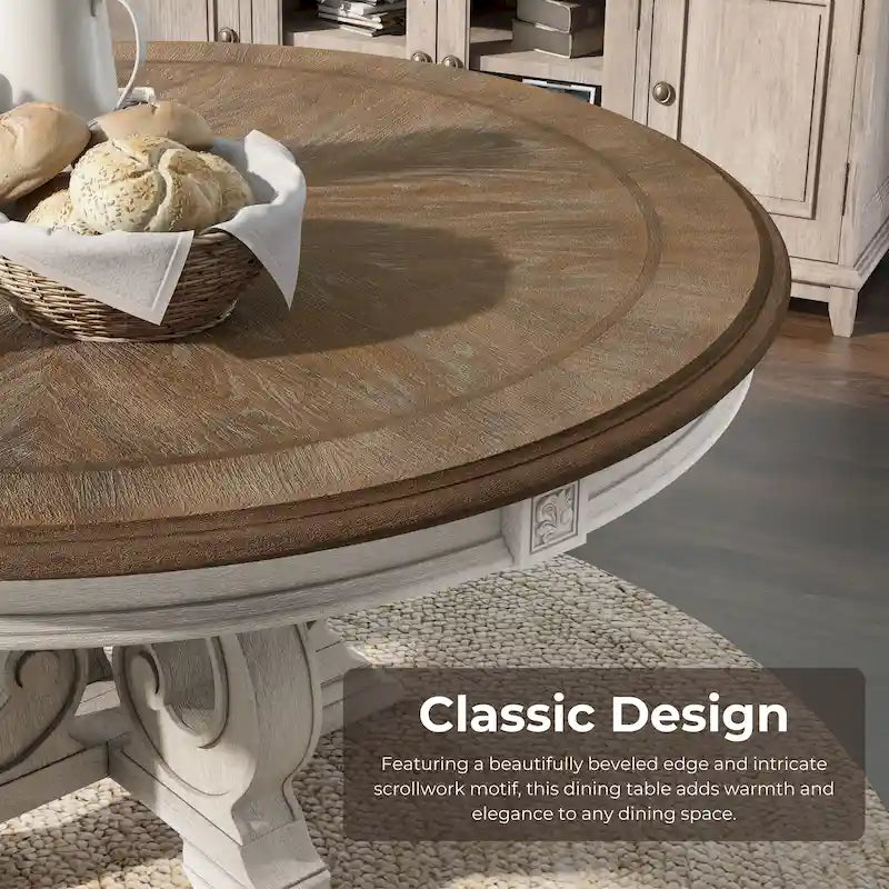 Table à manger ronde en bois 60 pouces blanc antique style ferme