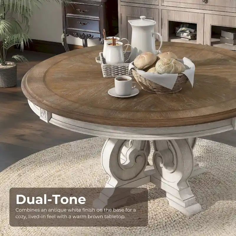 Table à manger ronde en bois 60 pouces blanc antique style ferme