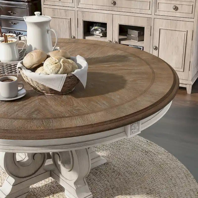 Table à manger ronde en bois 60 pouces blanc antique style ferme