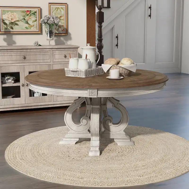 Table à manger ronde en bois 60 pouces blanc antique style ferme