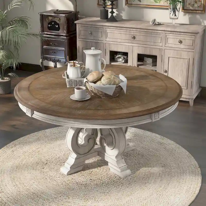 Table à manger ronde en bois 60 pouces blanc antique style ferme
