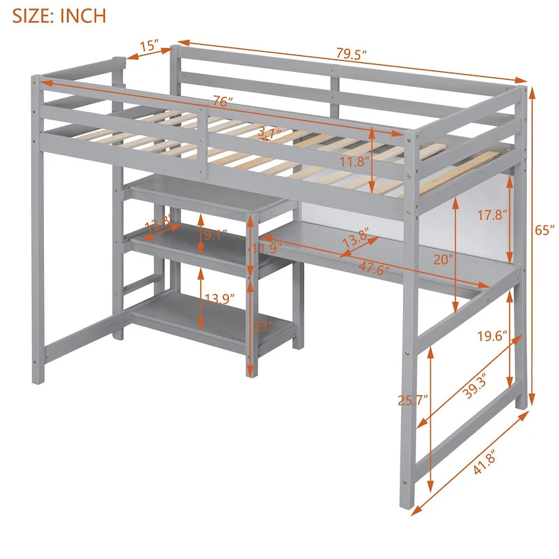 Lit mezzanine en bois avec étagères et bureau
