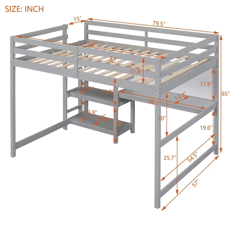 Lit mezzanine en bois avec étagères et bureau