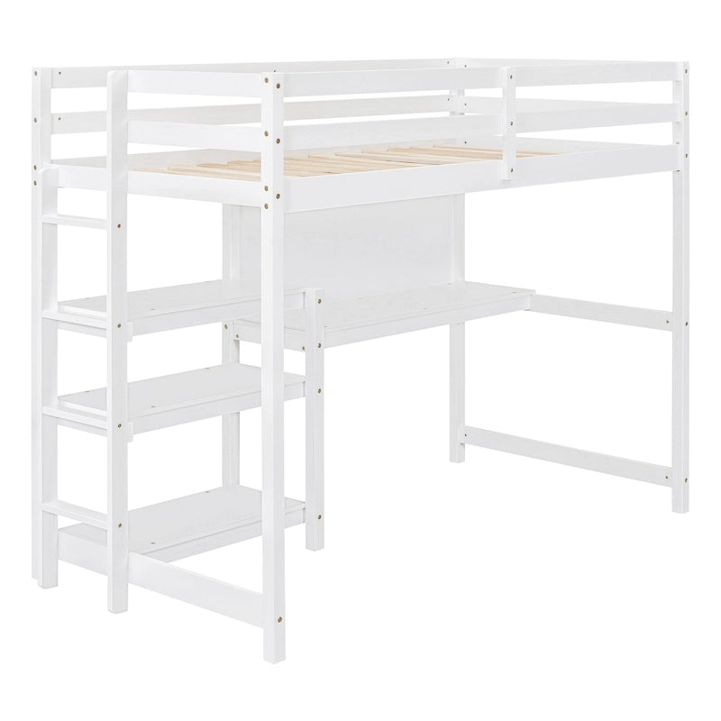 Lit mezzanine en bois avec étagères et bureau