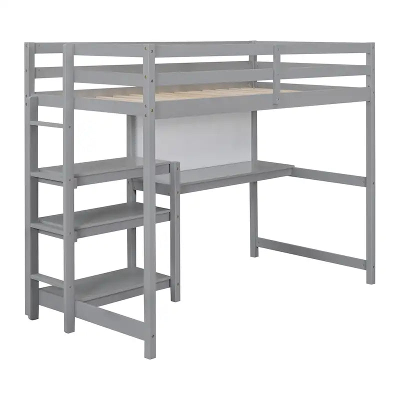 Lit mezzanine en bois avec étagères et bureau