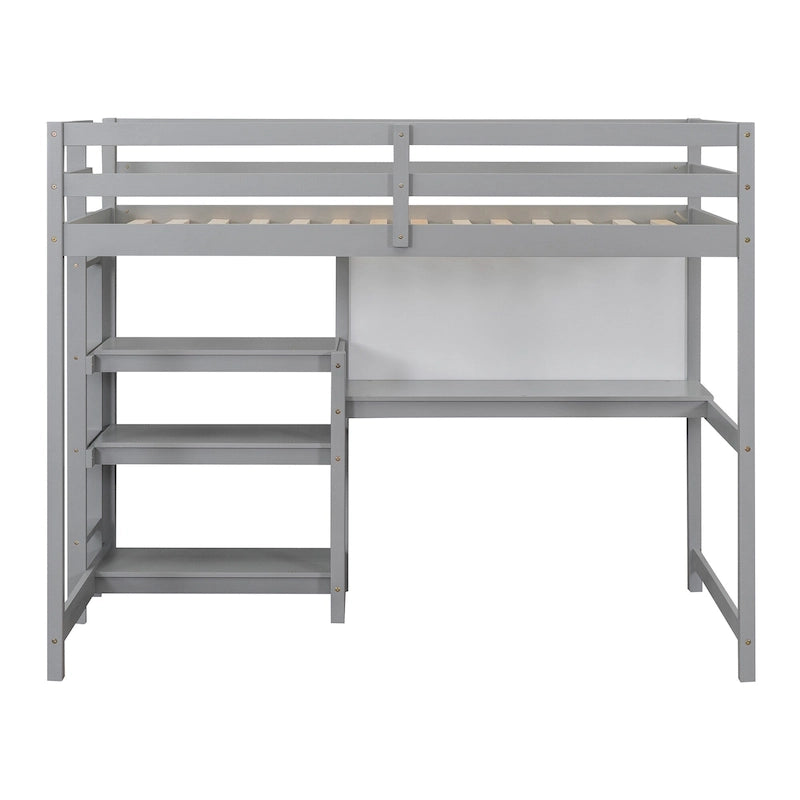 Lit mezzanine en bois avec étagères et bureau