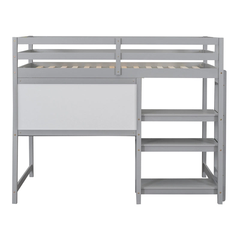 Lit mezzanine en bois avec étagères et bureau